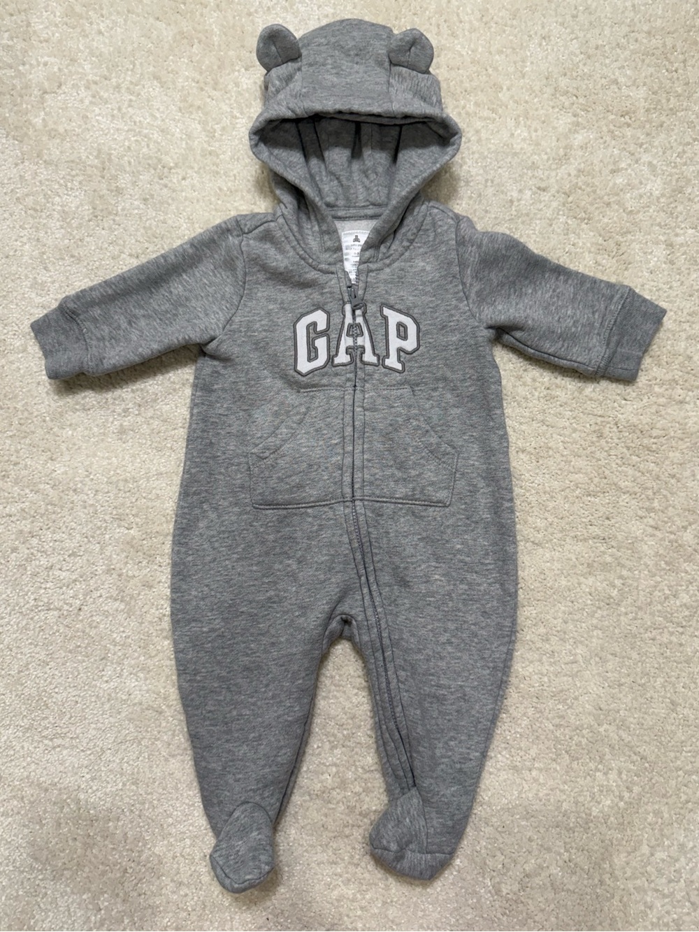 GAP Baby Gray Hooded Footed Zippered One Piece with Ears Size 0-3 Months
